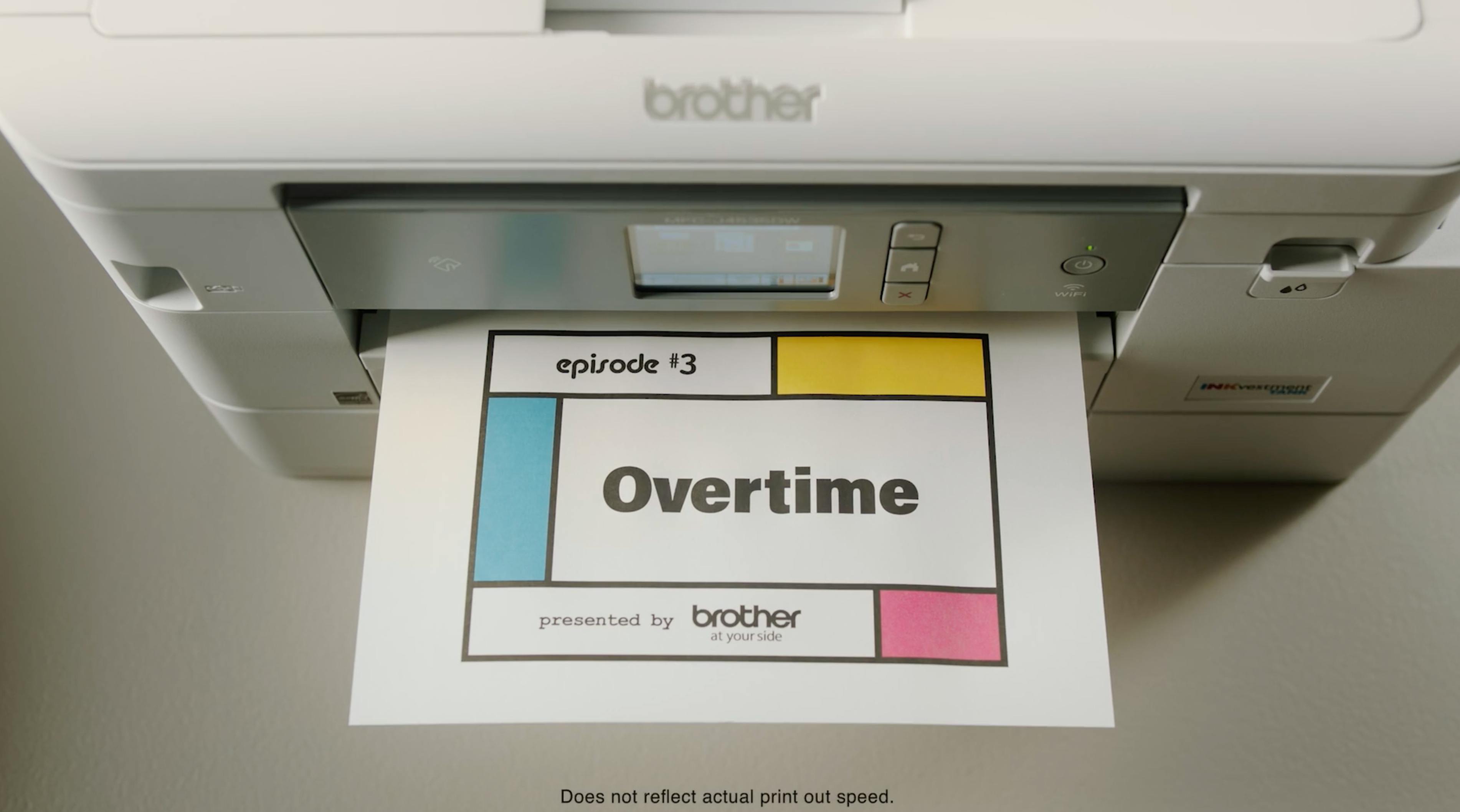 Branded series printer scene showing an Overtime message from the New York episodic content campaign.