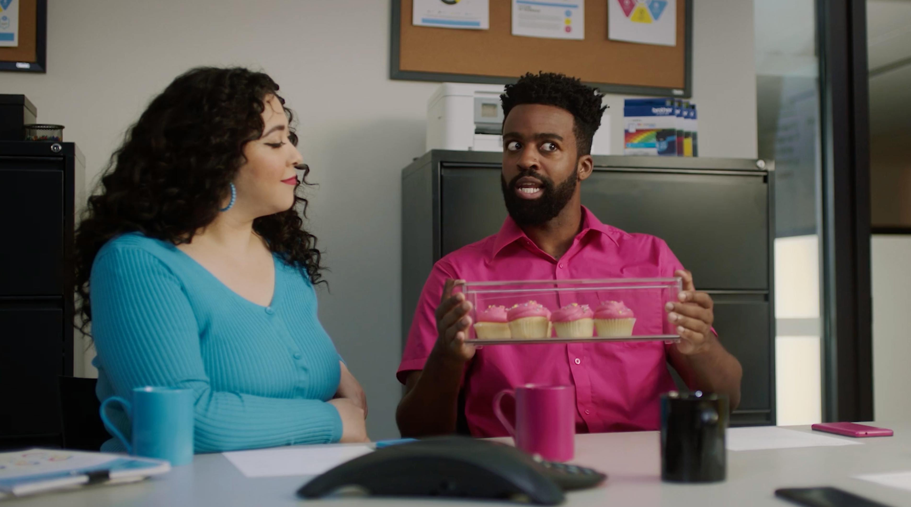 Branded series office scene with two coworkers, created for episodic branded content production in New York.