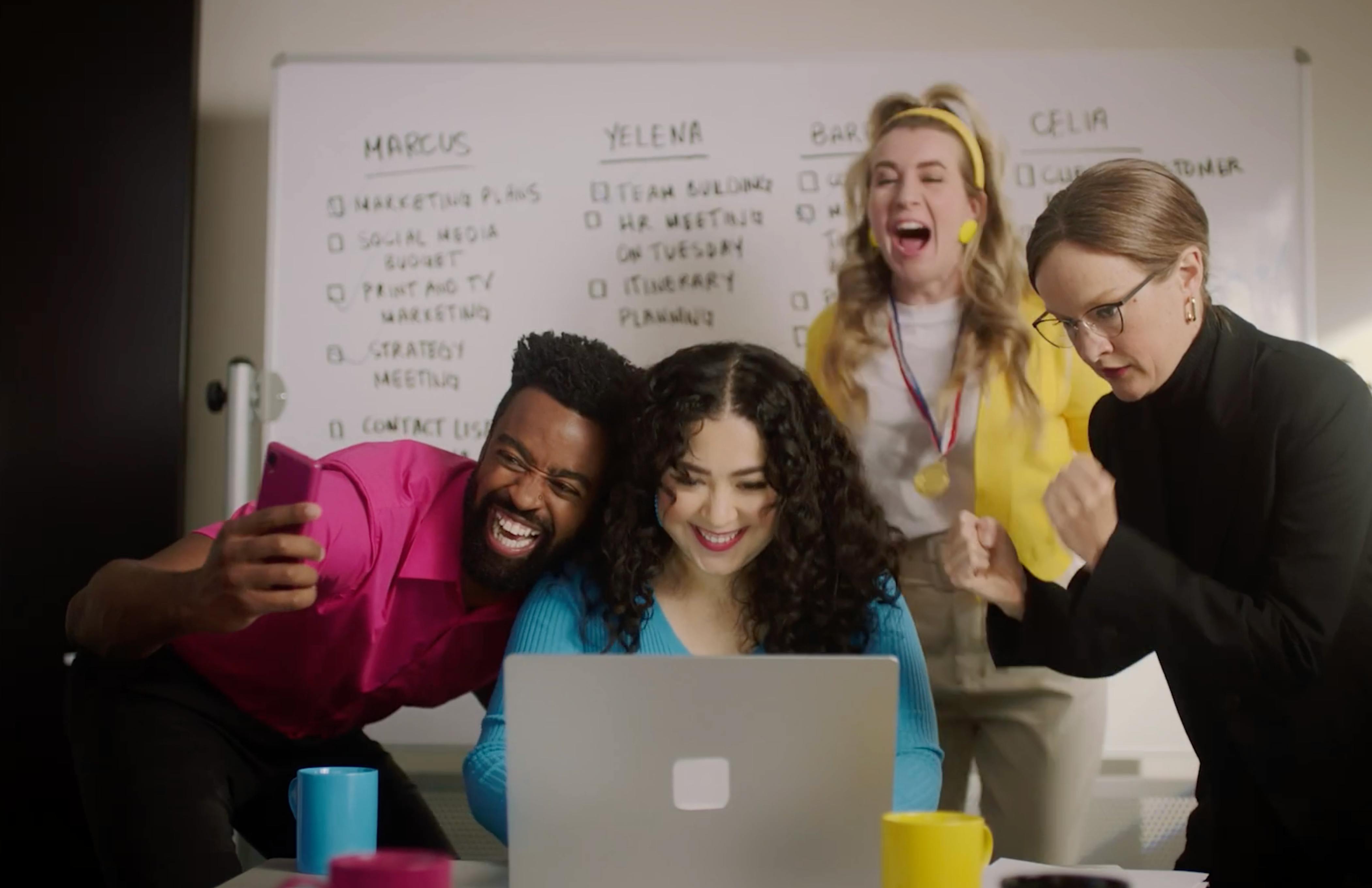 Branded series cast sharing a comedy moment during branded entertainment production in New York.