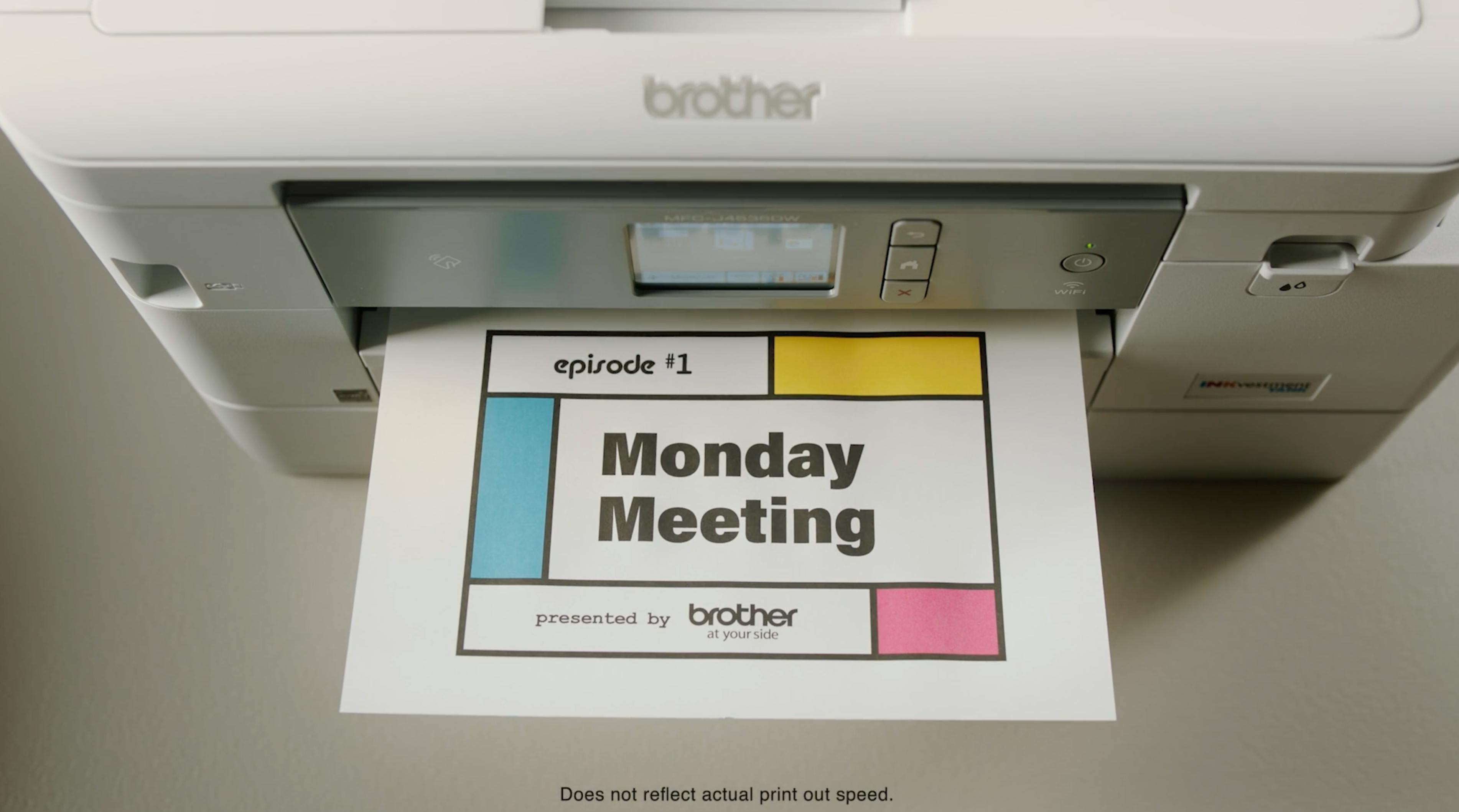 Branded series printer scene showing a Monday Meeting message during episodic content production in New York.