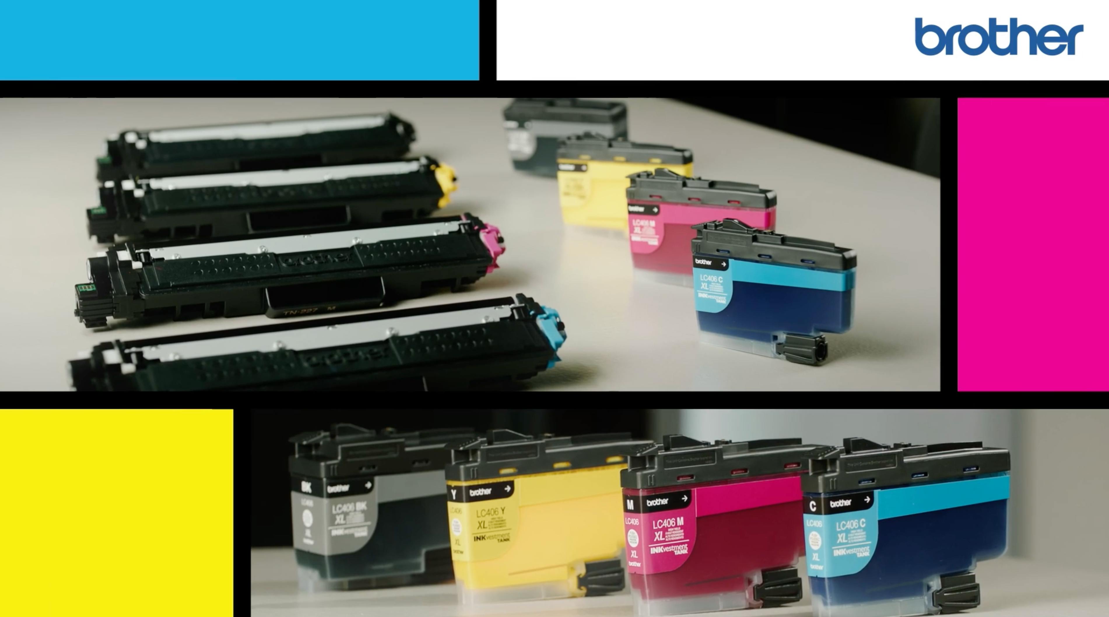Branded series product shot showing a Brother printer and CMYK cartridges in the New York content production.