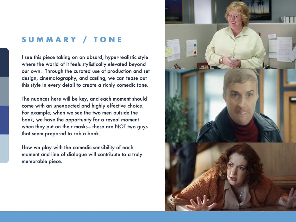 Summary and tone presentation page for a fintech video production service campaign