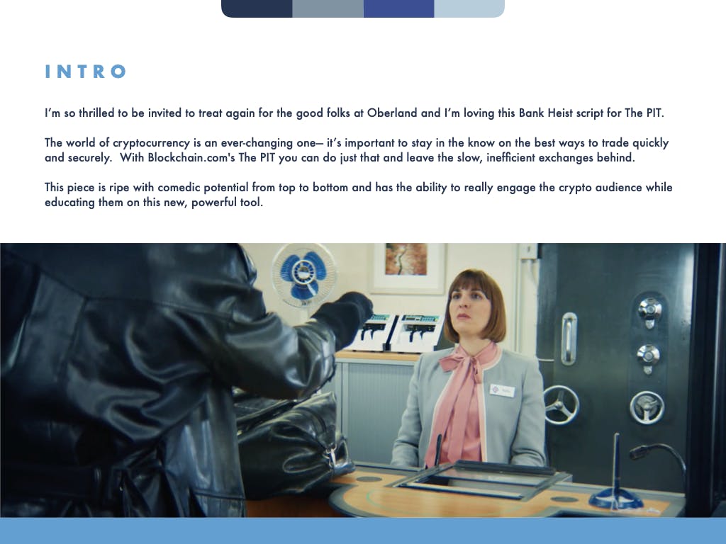 Presentation intro slide with a meeting scene for a fintech advertising creative agency