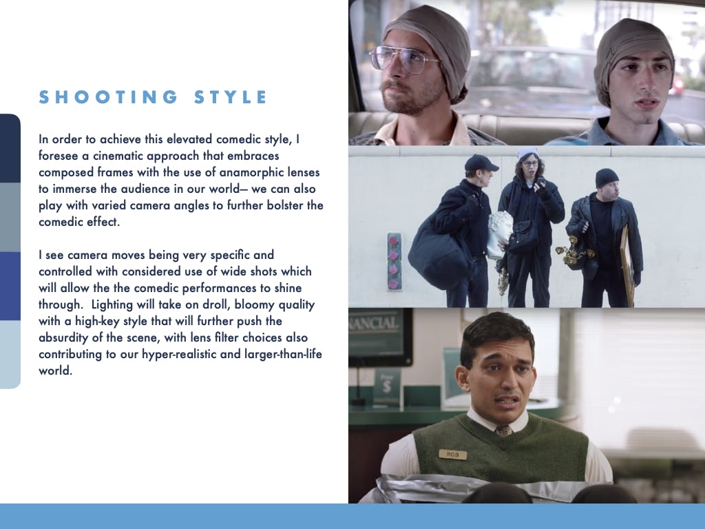 Shooting style slide with character stills from a fintech NYC premium video production company presentation