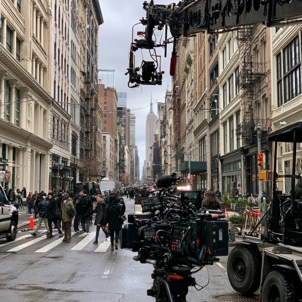 Video Production Crew working with a cinema camera rig and support equipment on a city street production.