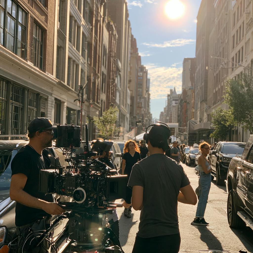 Video Production Crew filming on a busy city street with professional cinema cameras and support equipment.