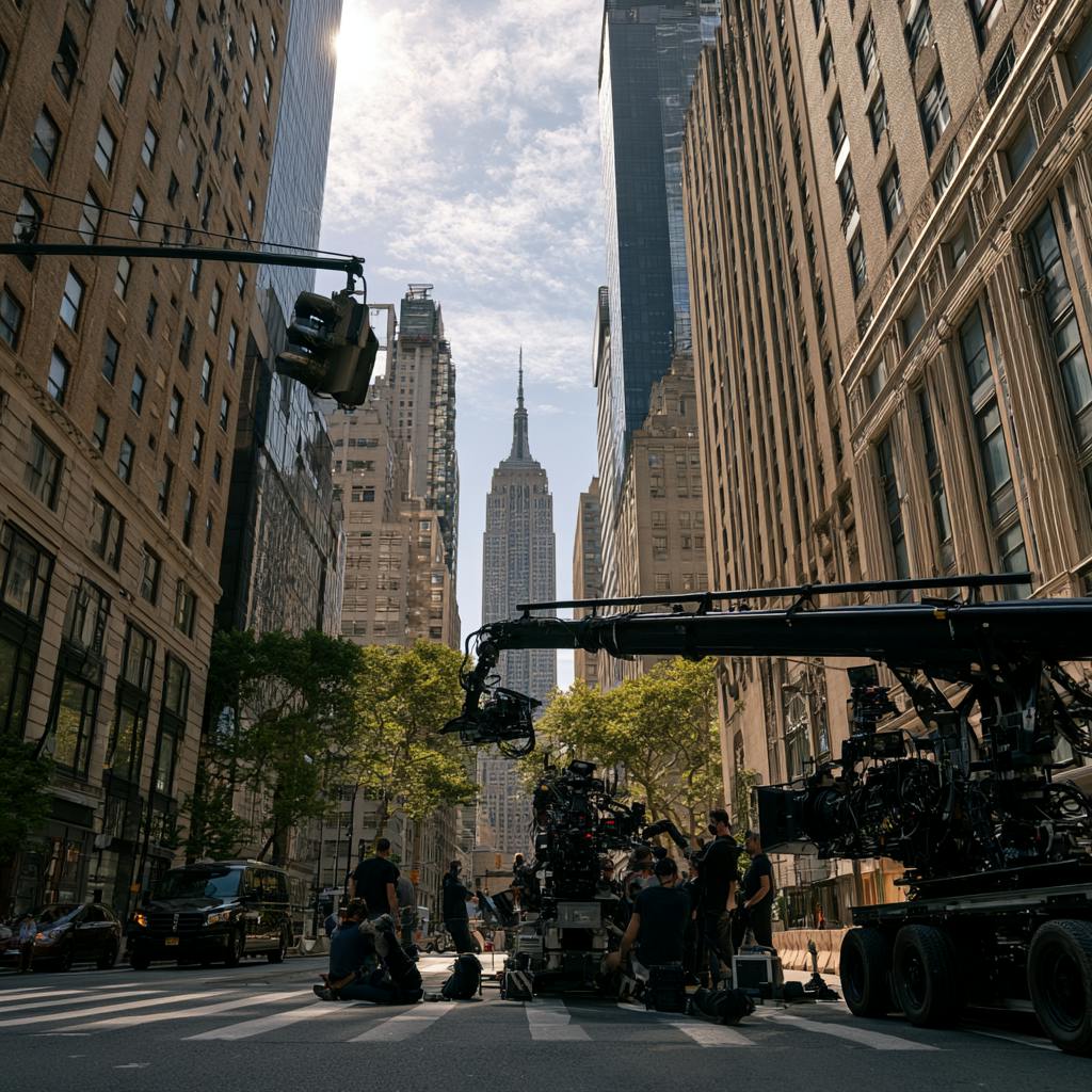 Video Production Crew operating a large camera crane between Manhattan buildings during a New York shoot.