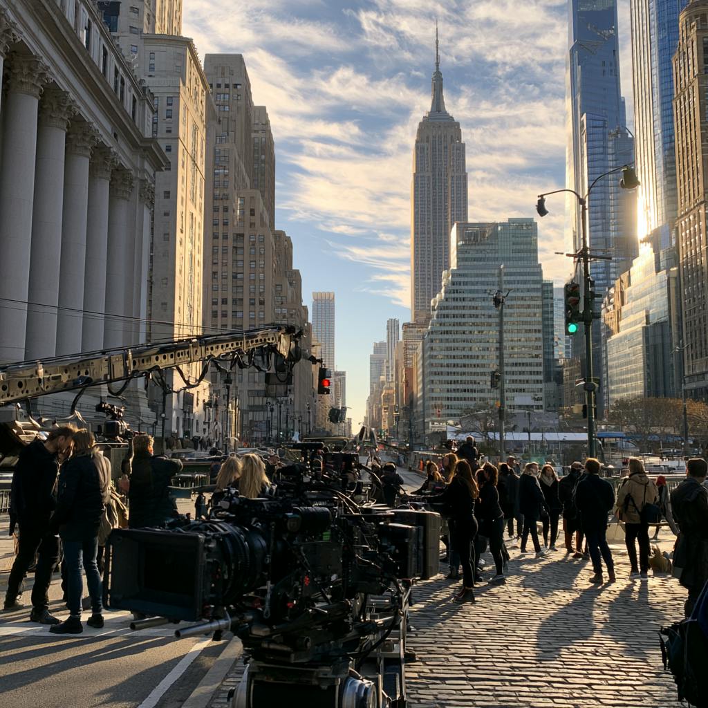 Video Production Crew working on a large city street film set with camera rigs, trucks, and crew members.