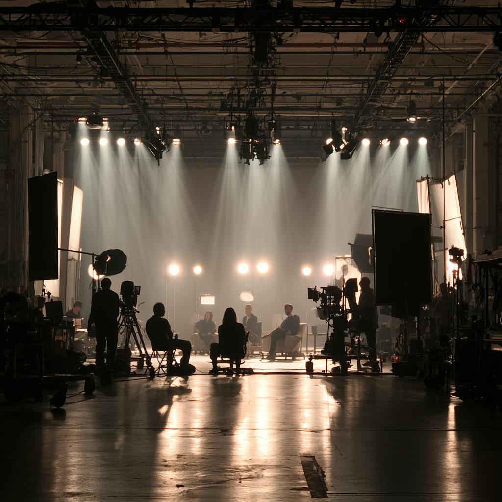 Video Production Crew preparing a dark studio set beneath professional spotlights and production lighting.