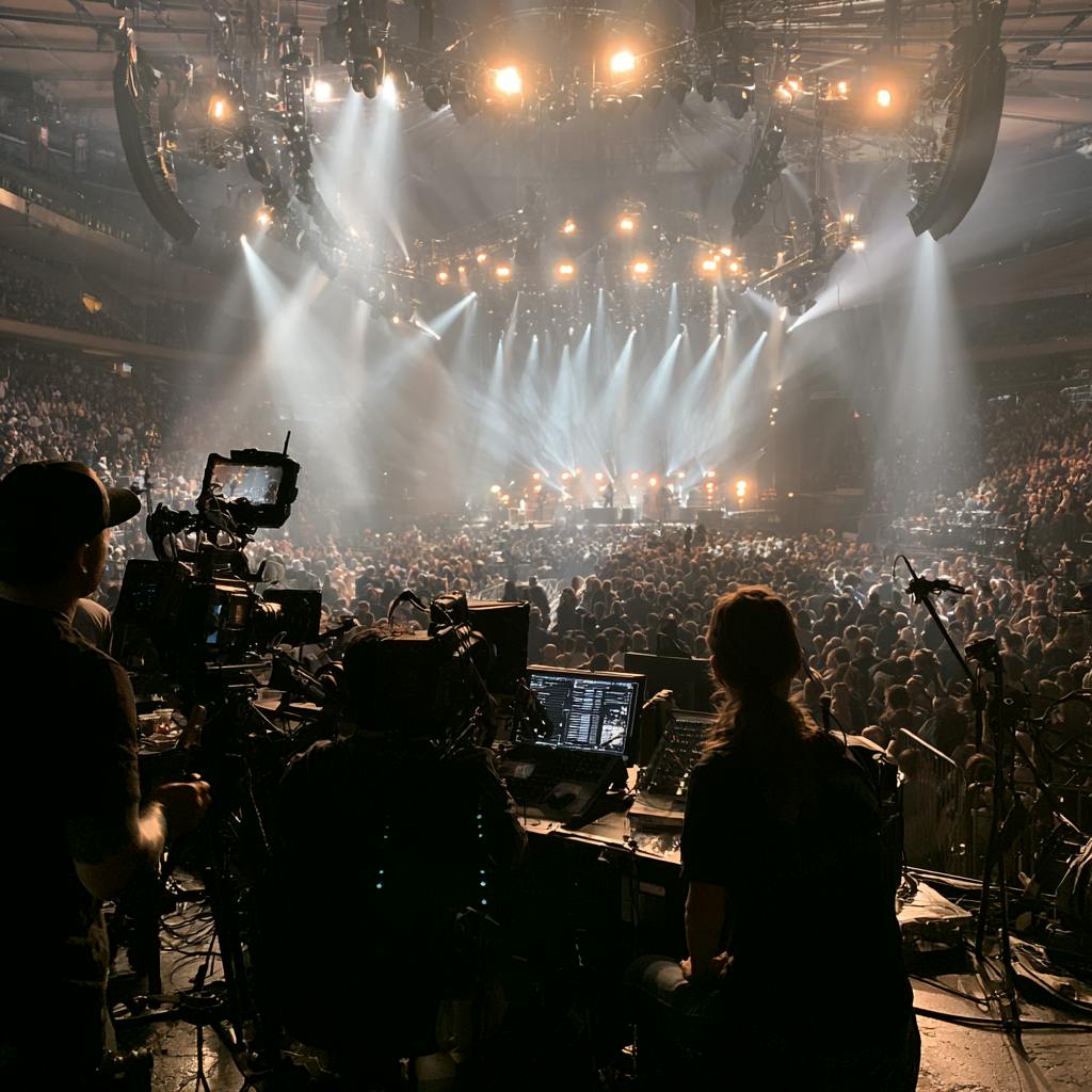 Video Production Crew capturing a large live event with professional cameras, stage lighting, and an audience.