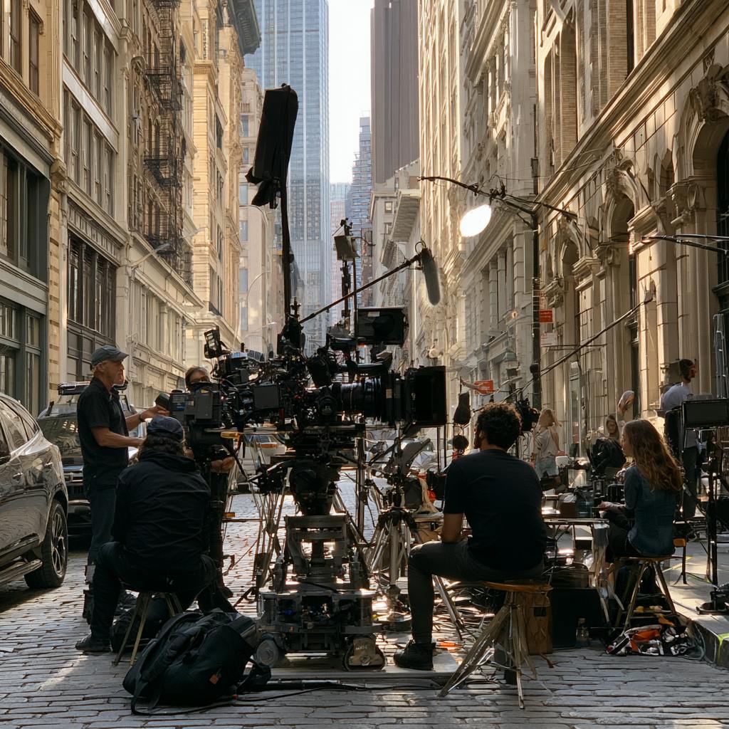 Video Production Crew managing cameras and support equipment during a commercial shoot on a downtown street.
