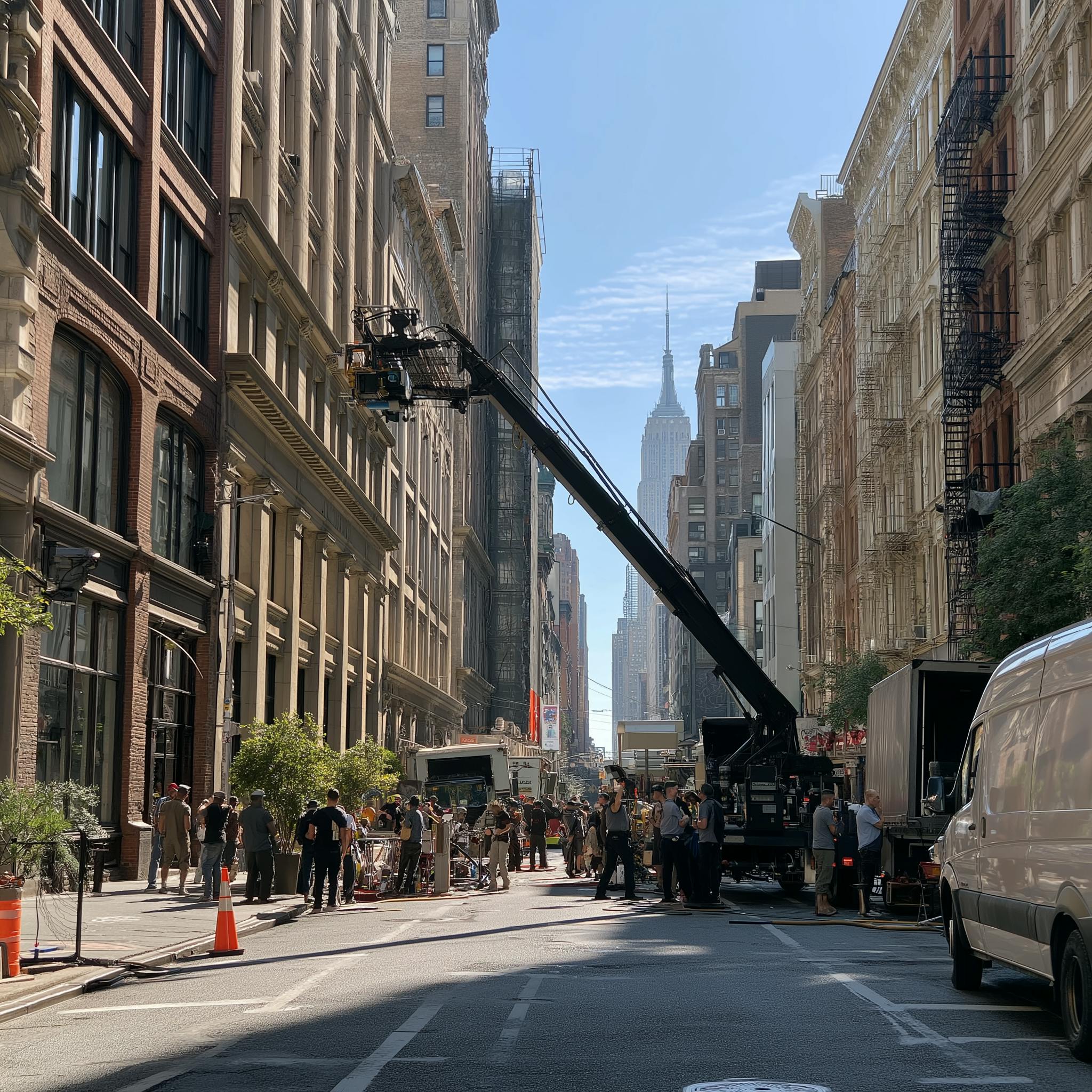 Video Production Crew using a camera crane for an outdoor production between tall city buildings.