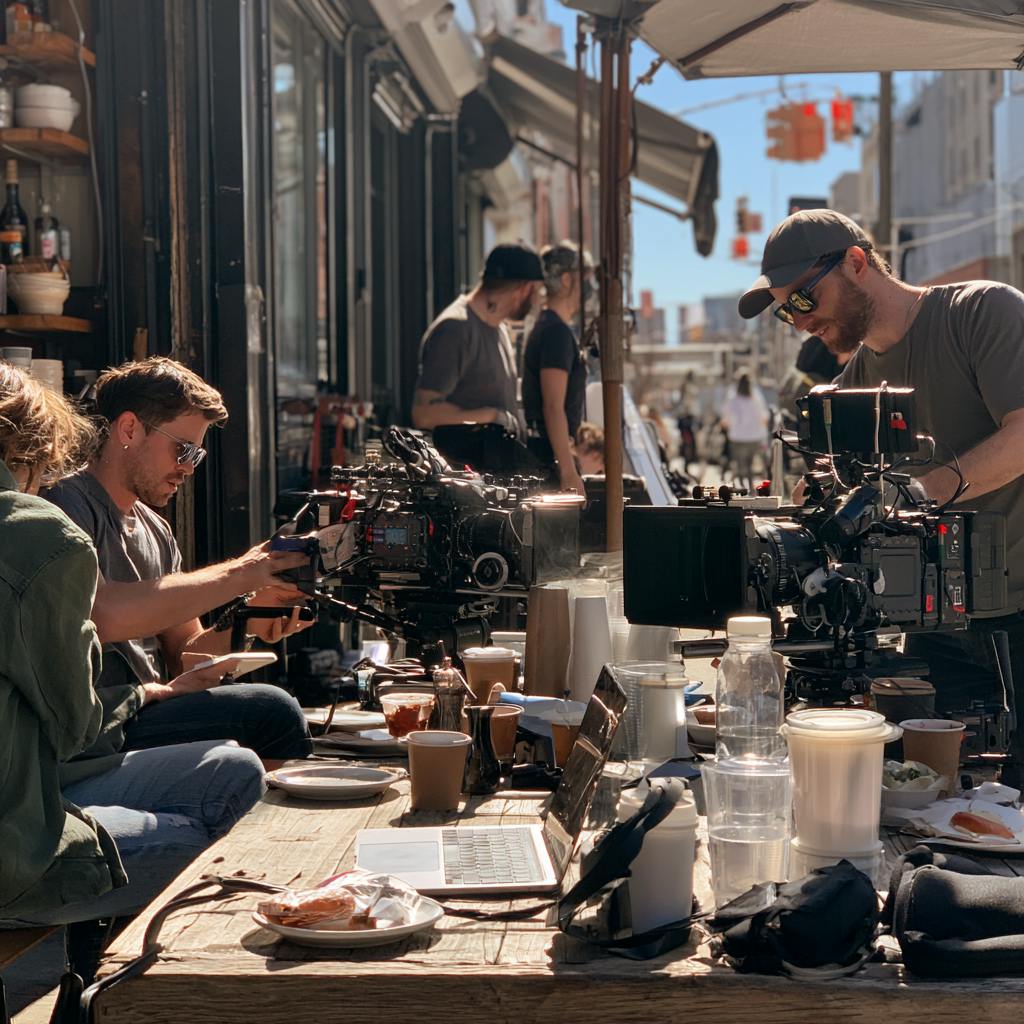 Video Production Crew filming a detailed tabletop scene with cameras, lighting, and production equipment.