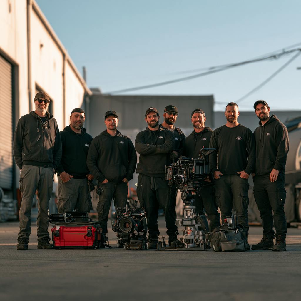 Video Production Crew posing together outdoors with professional camera and production equipment.