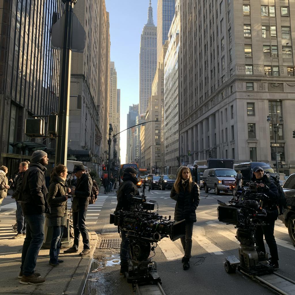 Video Production Crew preparing professional camera equipment for an outdoor shoot on a busy city street.