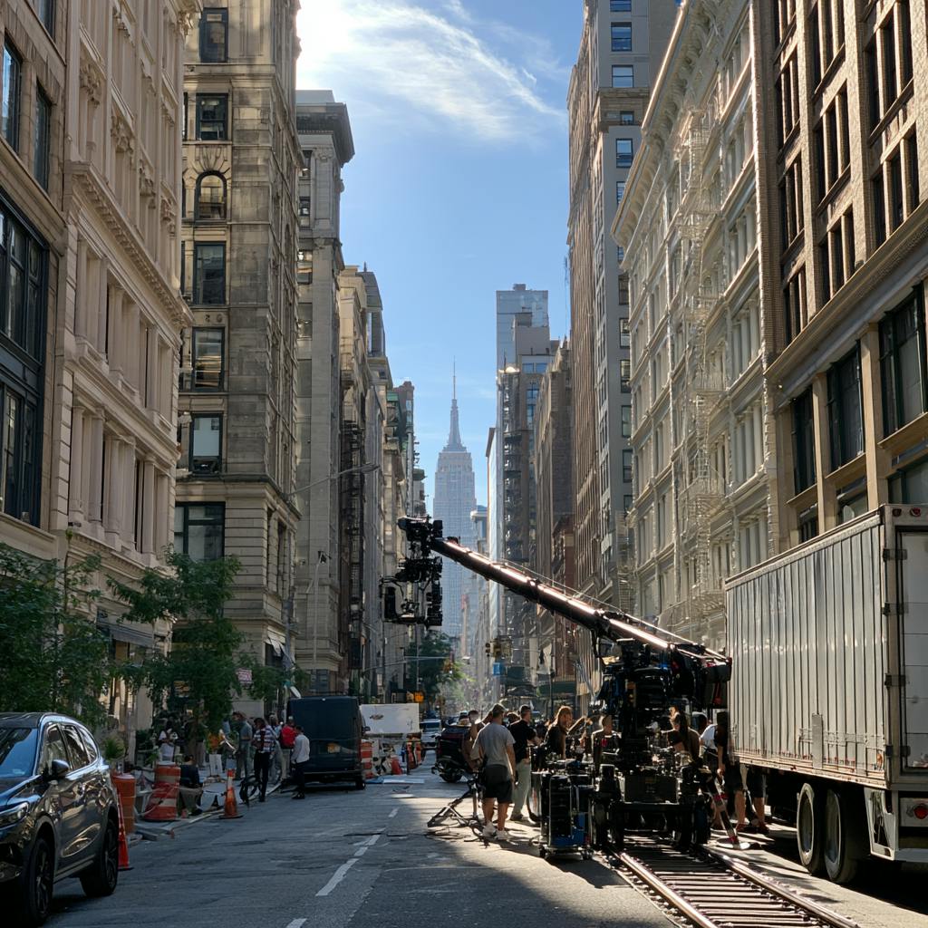 Video Production Crew operating a long camera crane on a city street surrounded by production vehicles.