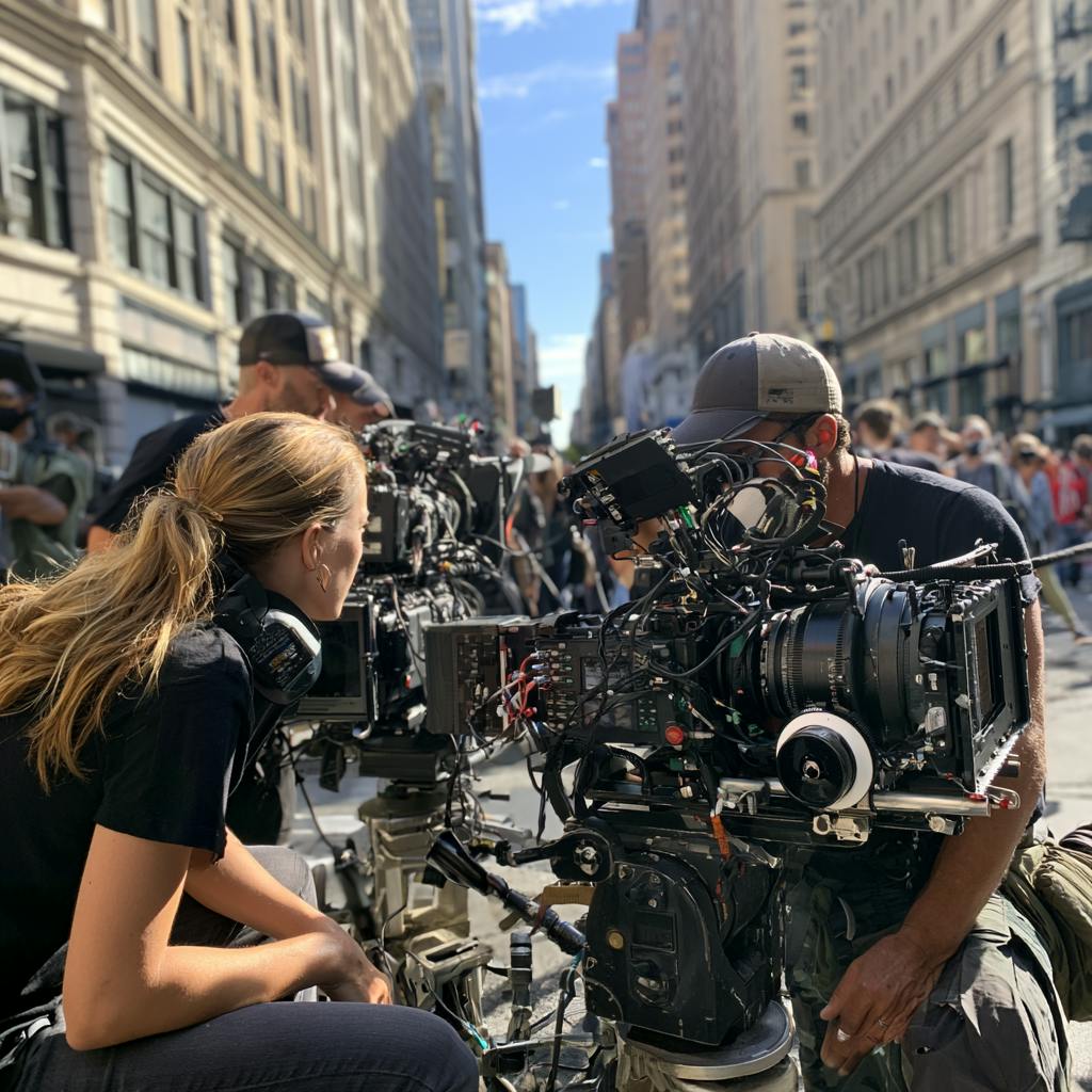 Video Production Crew operating a professional cinema camera during an outdoor city production.