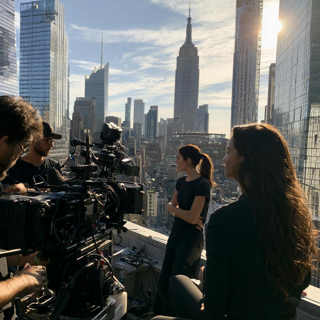 Video Production Crew operating cinema cameras on an elevated outdoor set with a city skyline behind them.