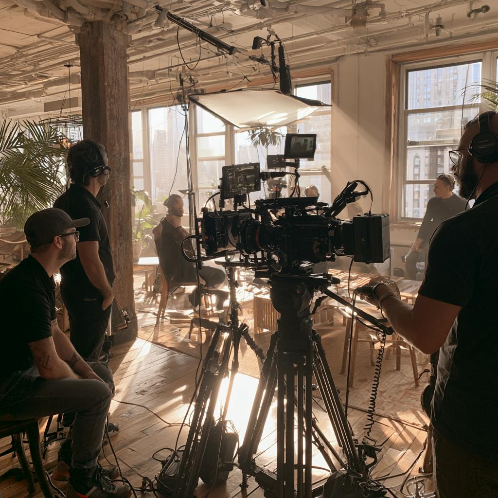 Video Production Crew operating a cinema camera and lighting equipment inside a bright industrial interior.