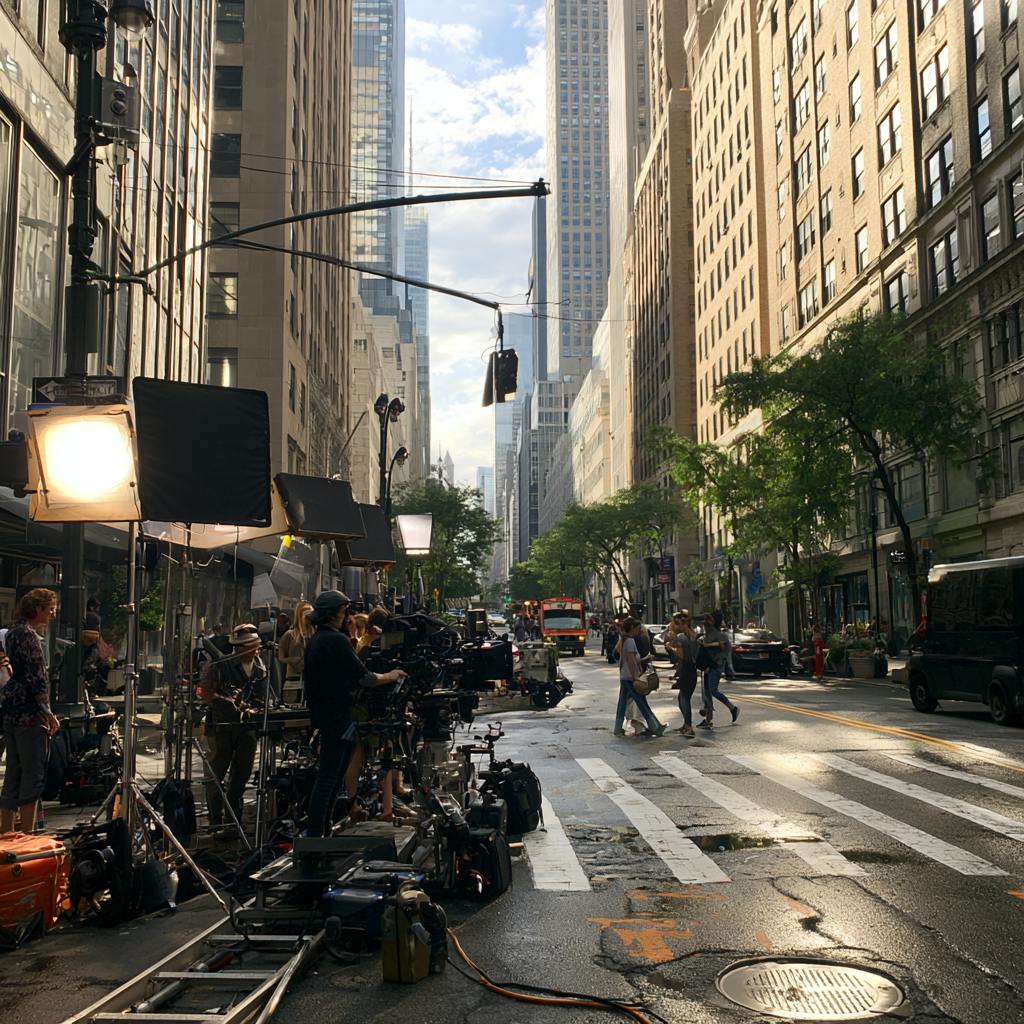 Video Production Crew coordinating a street shoot with cameras, lighting equipment, and production vehicles.
