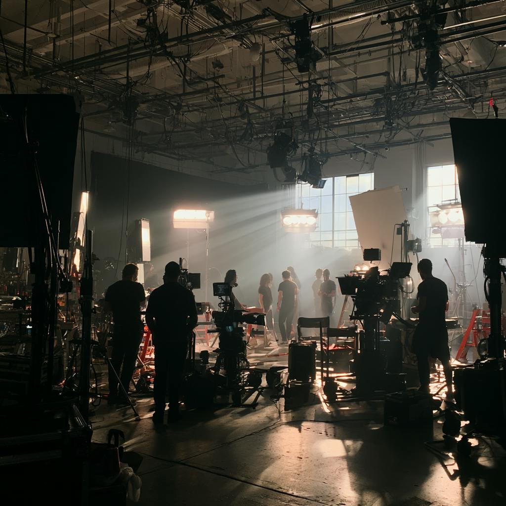 Video Production Crew managing cameras, lighting, and equipment inside a large professional film studio.