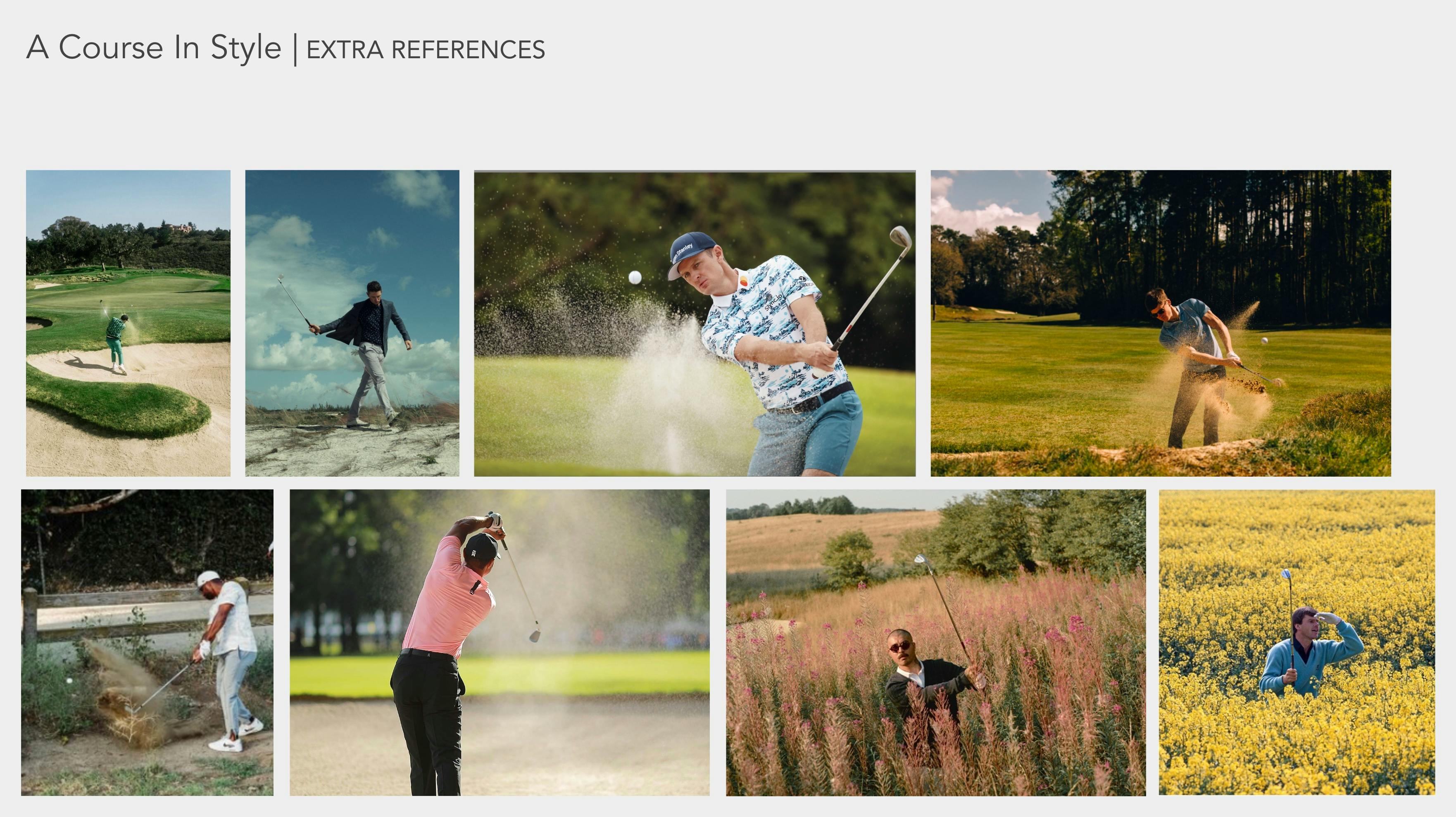 Reference collage of golf lifestyle stills in a creative video agency treatment deck