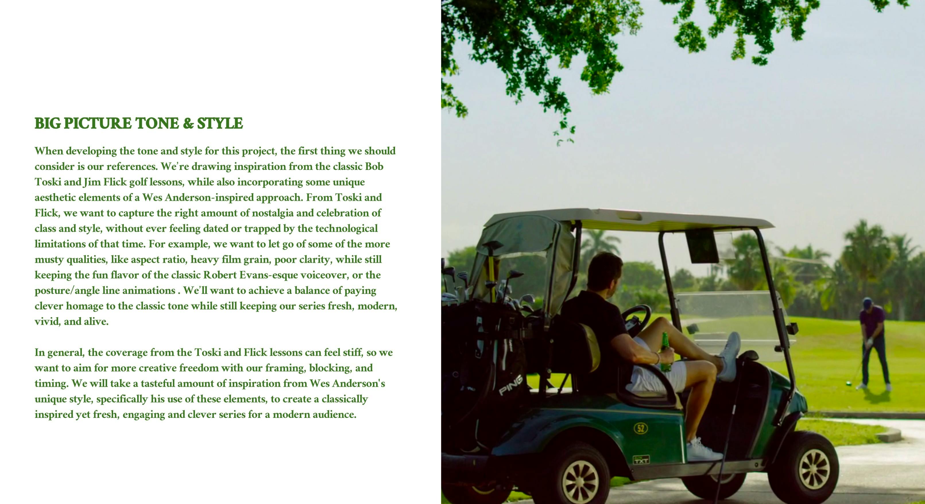 Golf cart on a course in a boutique video production company treatment presentation