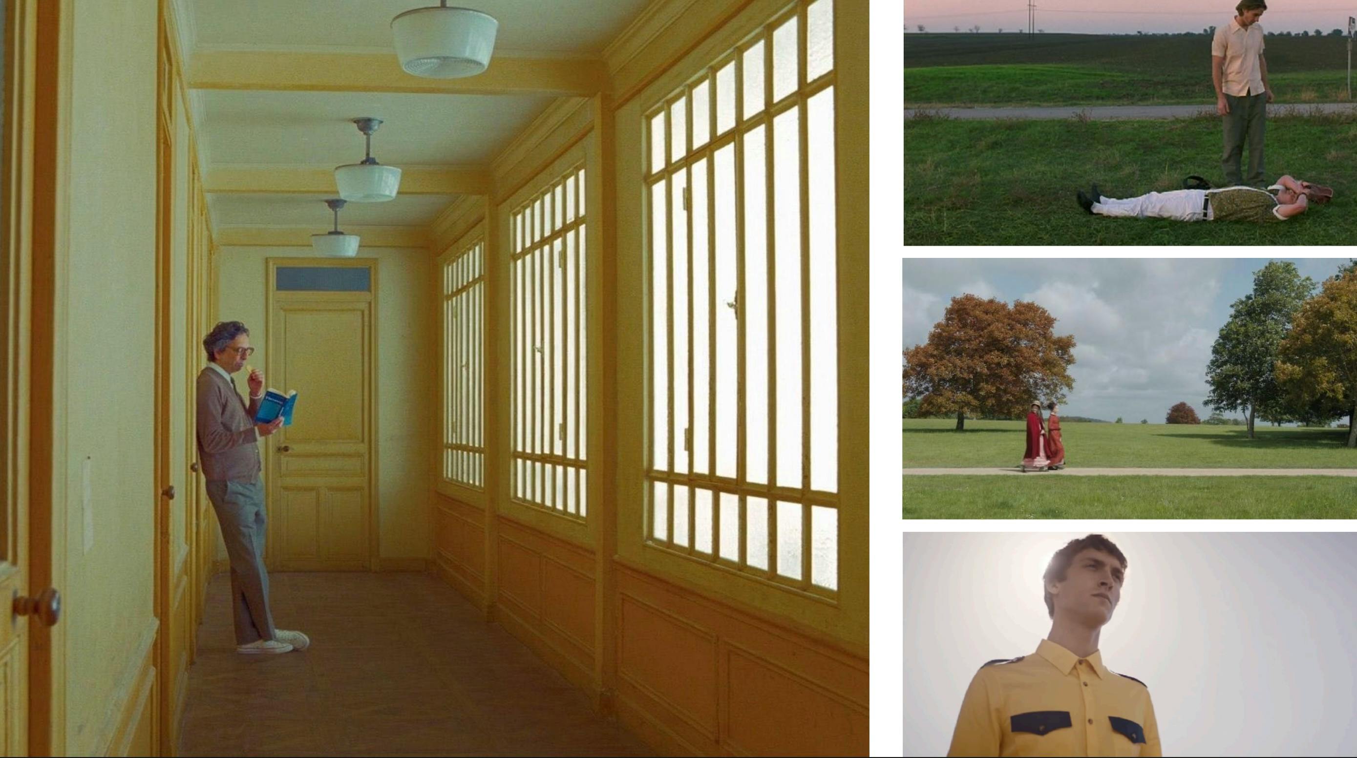 Symmetrical hallway scene and golf stills in a Wes Anderson style film production mood board