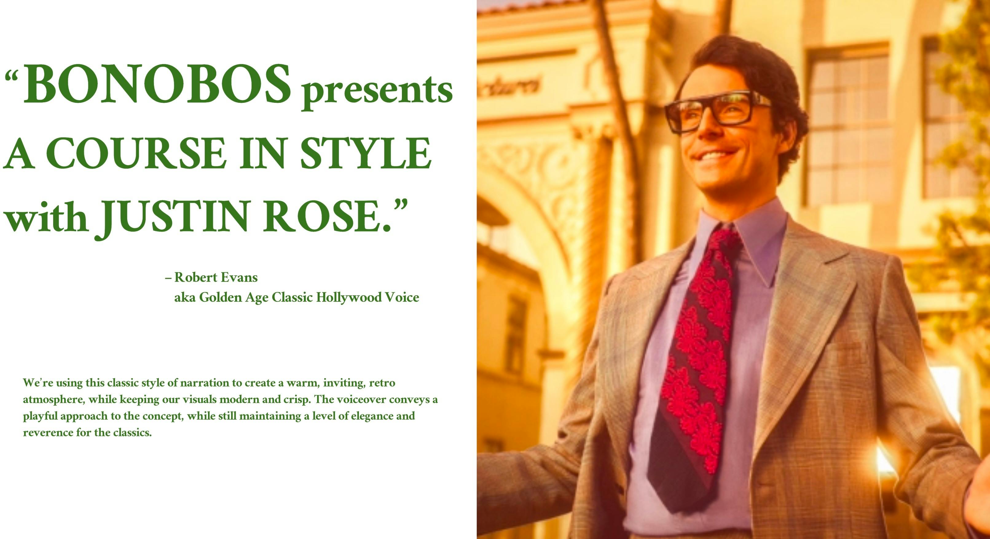 Bonobos campaign title page with a suited man for a video marketing company treatment deck