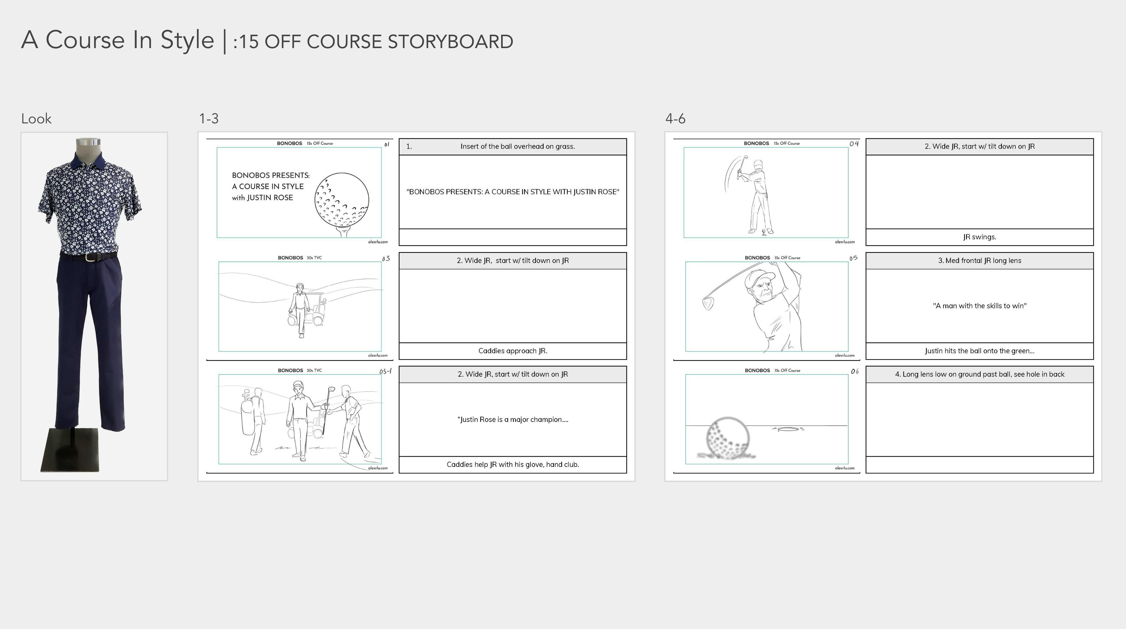 Off-course storyboard pages in a director treatment visual design for commercial video production