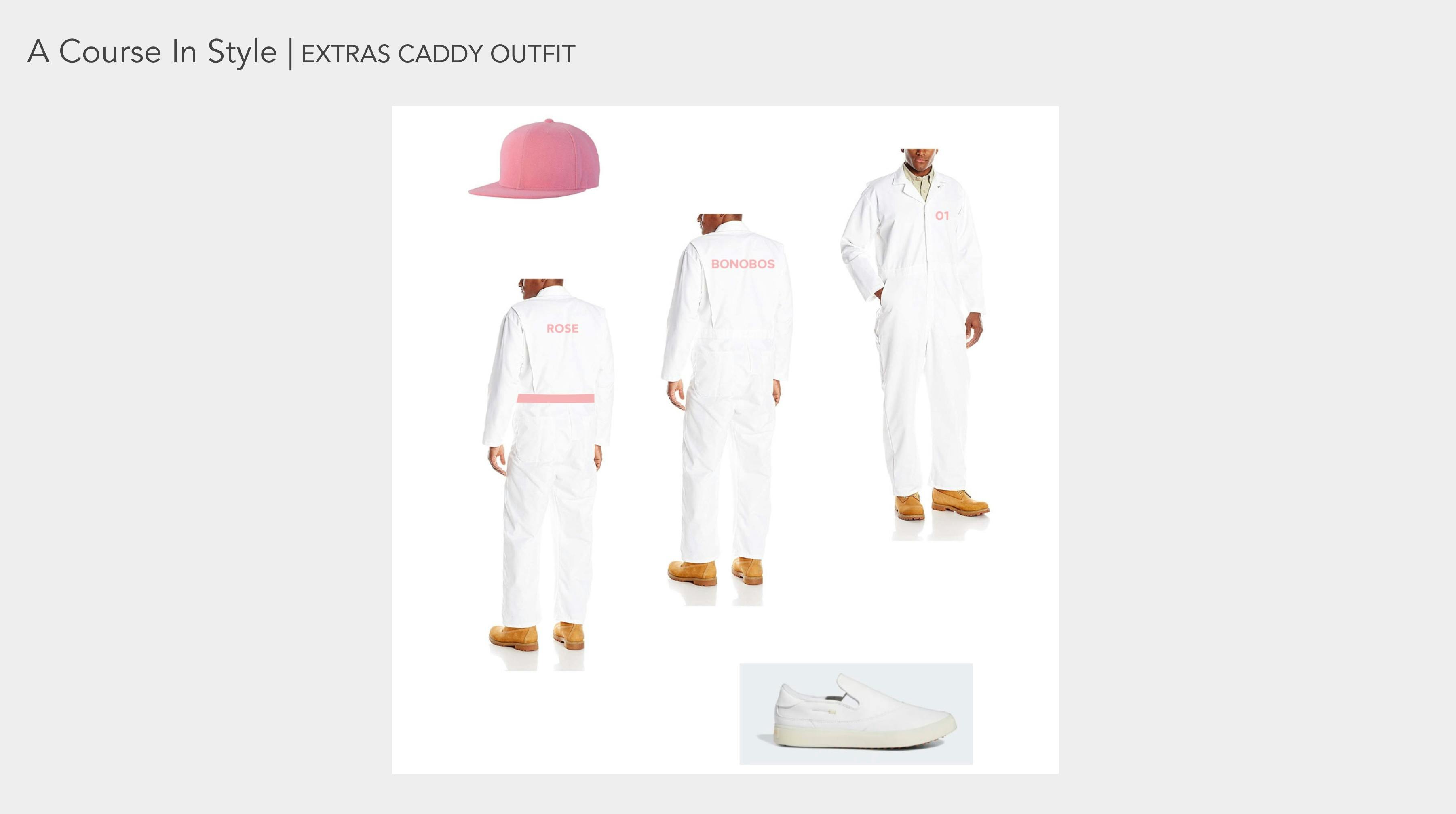 Wardrobe board showing white golf apparel for a video production company fashion campaign