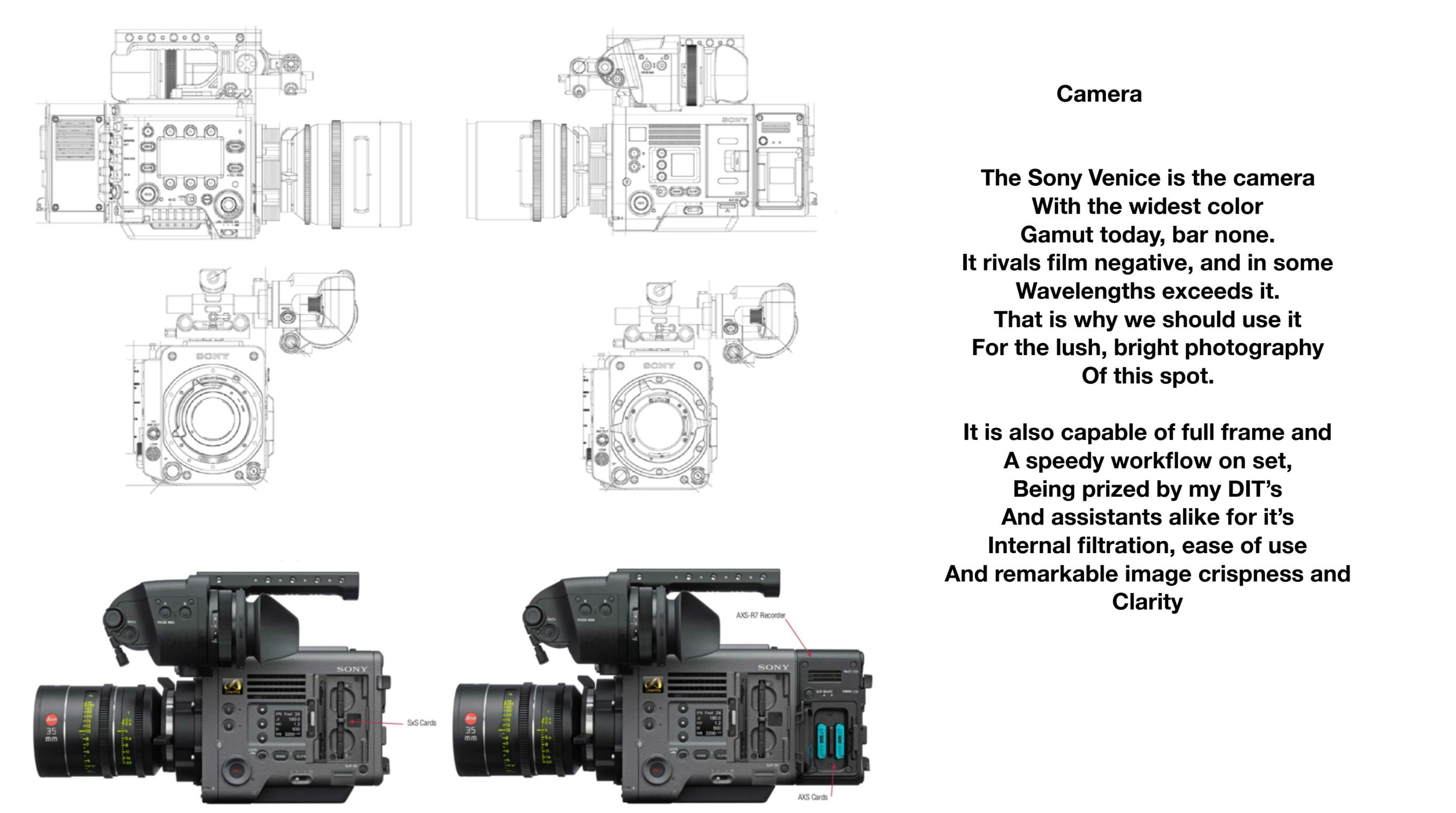Camera diagrams and gear images on a film equipment rental company presentation slide