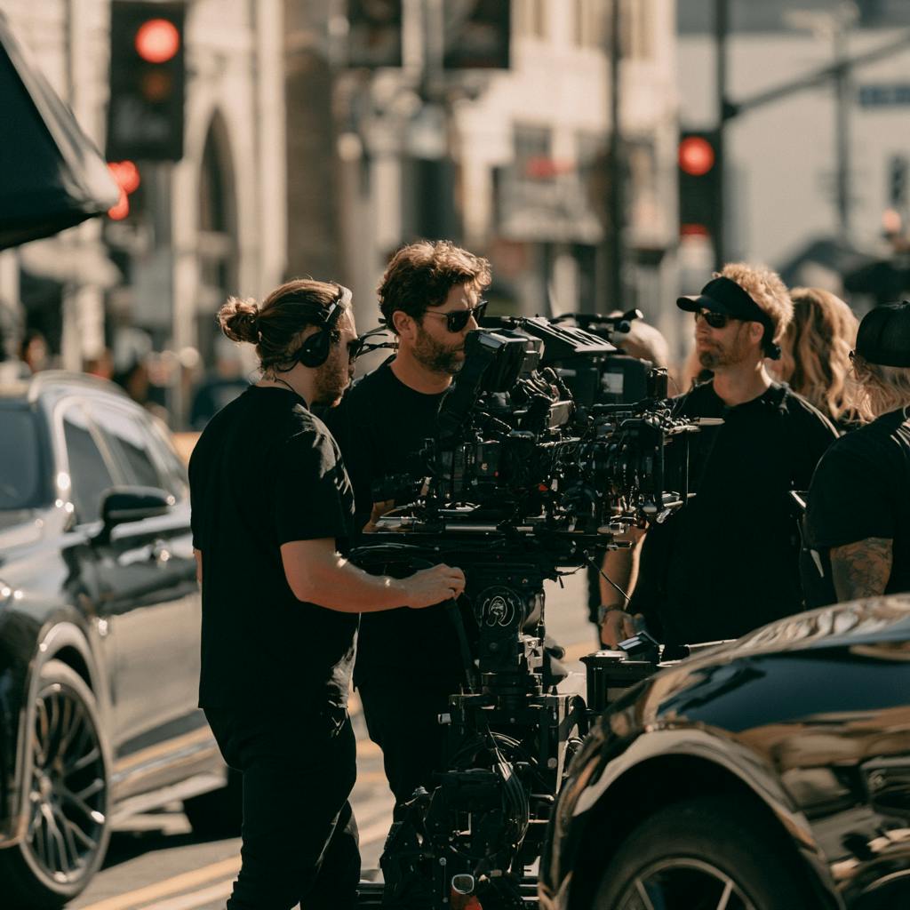 Branded video content creative services with a professional video production team filming an automotive campaign.